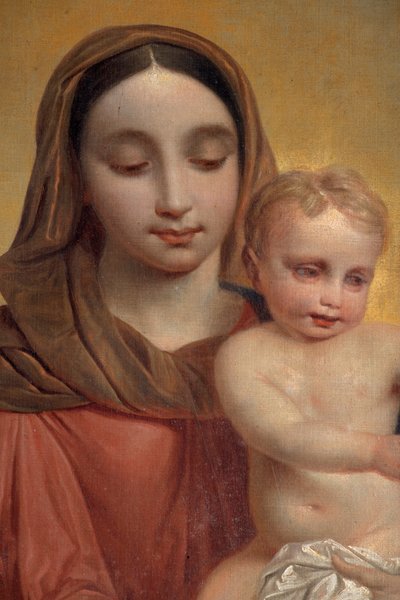Widok wnętrza, obraz „Matka Boża z Dzieciątkiem z Różańcem”, ołtarz główny pędzla P. Van Hanselaere autorstwa Pieter van Hanselaere