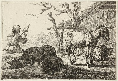 Świnie i osły w stajni, po lewej kobieta prządka autorstwa Pieter van Laer