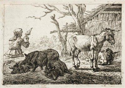 Świnie i osły w stajni, po lewej kobieta prządka autorstwa Pieter van Laer