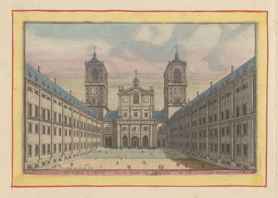 Widok na dziedziniec i wejście do kościoła San Lorenzo w Escorial Pierwszy i główny dziedziniec Escurial (tytuł na obiekcie) Theatrum Hispaniae (...) (tytuł serialu) autorstwa Pieter van den Berge