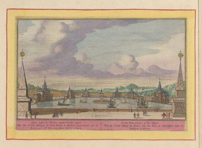 Duży staw ze statkami w ogrodach Palacio del Buen Retiro w Madrycie Groote Waterplaats, w Retiro (tytuł na obiekcie) Theatrum Hispaniae (...) (tytuł serialu) autorstwa Pieter van den Berge