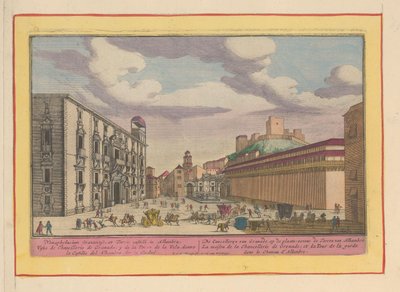 Kancelaria Królewska lub Real Chancillería w Granadzie The Cancellerye of Granade, na stronie; obok Wieży Alhambre (tytuł na obiekcie) Theatrum Hispaniae (...) (tytuł serialu) autorstwa Pieter van den Berge