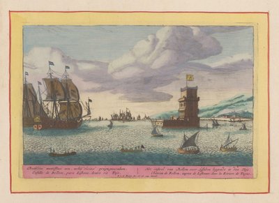 Wieża Belém położona nad rzeką Tagus Zamek Bellem, leżący przed Lizboną w Tajo (tytuł na obiekcie) Theatrum Hispaniae (...) (tytuł serialu) autorstwa Pieter van den Berge
