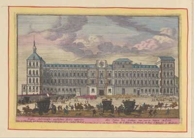 Widok z przodu Pałacu Królewskiego w Madrycie Pałac Królewski, od frontu, wewnątrz Madrytu (tytuł na obiekcie) Theatrum Hispaniae (...) (tytuł serialu) autorstwa Pieter van den Berge
