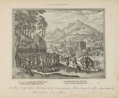 Abraham en de koning van Sodom Bądź tą żelazną ścianą (tytuł na obiekcie) Święte herby i główne historie obu testamentów (Oude Testament) (tytuł serii) Zdjęcia i ryciny książek (tytuł serii) autorstwa Pieter van der Borcht (I)