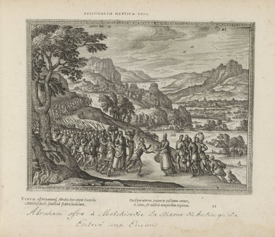 Abraham spotkał Melchizedeka Związek spokojnych umysłów (tytuł na obiekcie) Święte emblematy i główne historie obu testamentów (Oude Testament) (tytuł serii) Zdjęcia i ryciny książek (tytuł serii) autorstwa Pieter van der Borcht (I)