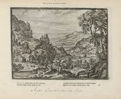 Landschap spotkał Hagar en de engel Odmowa komfortu (tytuł na obiekcie) Święte emblematy i główne historie obu testamentów (Oude Testament) (tytuł serii) Zdjęcia i ryciny książek (tytuł serii) autorstwa Pieter van der Borcht (I)