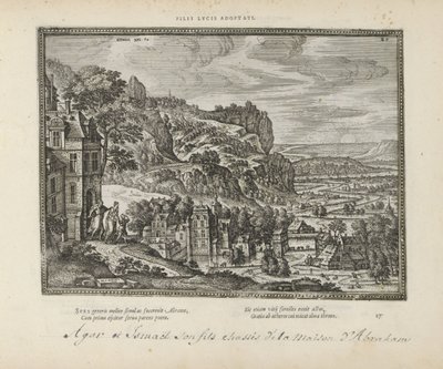 Landschap met de verdrijving van Hagar en Ismaël door Abraham Adoptowani synowie lucusa (tytuł na obiekcie) Święte emblematy i główne historie obu testamentów (Oude Testament) (tytuł serii) Zdjęcia i ryciny książek (tytuł serii) autorstwa Pieter van der Borcht (I)