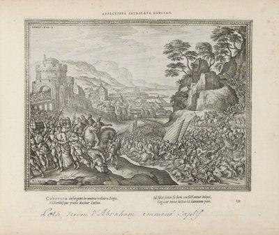 Lot wordt wegvoeder uit Sodom Uczucie splątane dobro (tytuł na przedmiocie) Święte emblematy i główne historie obu testamentów (Oude Testament) (tytuł serii) Zdjęcia i ryciny książek (tytuł serii) autorstwa Pieter van der Borcht (I)