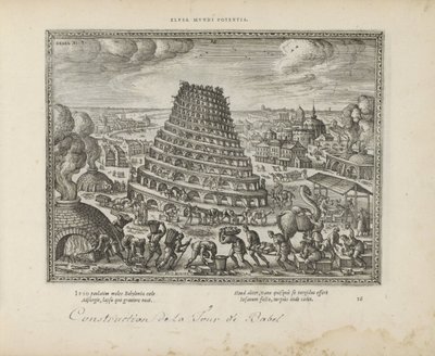Toren van Babel Elusa mundi potenia (tytuł na obiekcie) Święte emblematy i główne historie obu testamentów (Oude Testament) (tytuł serii) Zdjęcia i ryciny książek (tytuł serii) autorstwa Pieter van der Borcht (I)