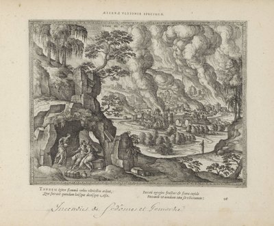 Vernietiging van Sodom en Gomorrah / Lot en zijn dochters Wieczny pomnik sprawiedliwości (tytuł na obiekcie) Święte emblematy i główne historie obu testamentów (Oude Testament) (tytuł serii) Zdjęcia i ryciny książek (tytuł serii) autorstwa Pieter van der Borcht (I)