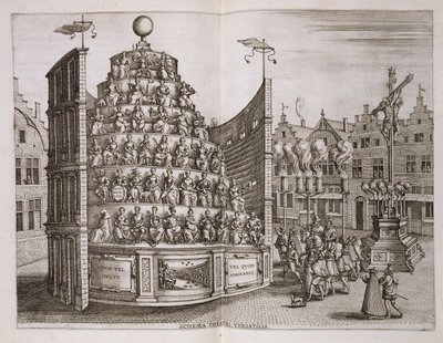 Ilustracja przedstawiająca ruchomy teatr, z "Historica narratio profectionis et inaugurationis..." Johannesa Bochiusa, Plantin Press, 1602 r. autorstwa Pieter van der Borcht