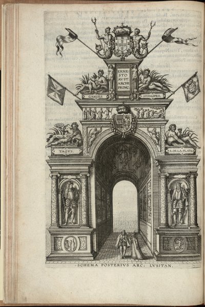 Rzeki Tag, Plata, Ganges i Hydaspes. Tylna ściana portugalskiego łuku triumfalnego, Wjazd arcyksięcia Austrii Ernsta do Antwerpii, opublikowana w 1595 r. (rycina) autorstwa Pieter van der Borcht