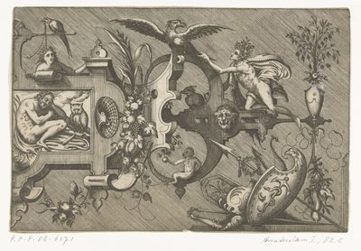 Prawa połowa dużego kartusza przedstawiającego Noc Compertimenta pictoriis flosculis manubiisque… (tytuł serii) autorstwa Pieter van der Heyden