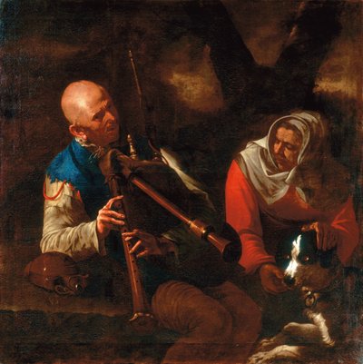 Chłop grający na dudach i stara kobieta słuchająca z psem (olej na płótnie) autorstwa Pietro (circle of) Paolini