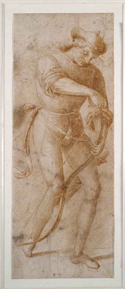 Młody mężczyzna naciągający łuk (długopis i brązowy atrament na białym papierze) autorstwa Pietro (follower of) Perugino