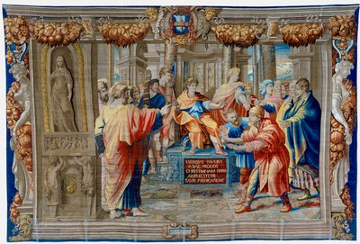 Gobelin z XVII wieku przedstawiający Oślepienie czarnoksiężnika Elima autorstwa Pietro 1579 1669 Fevère