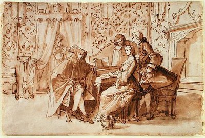 Muzyczna impreza (pióro i brąz przemyj czarną kredą na papierze) autorstwa Pietro Antonio Novelli