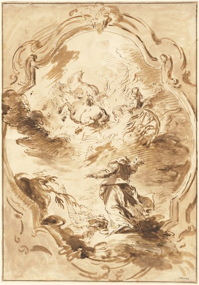Elizeusz przyglądający się Eliaszowi wznoszącemu się w ognistym rydwanie autorstwa Pietro Antonio Novelli