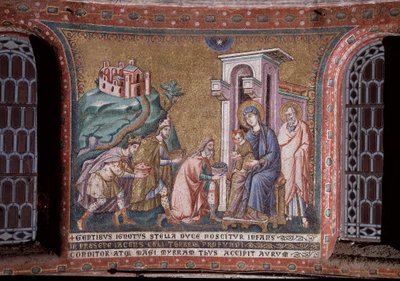 Adoracja Mozaikowych Trzech Króli z absydy Pietro Cavalliniego (czynna ok. 1273-1330) koniec XIII wieku (Adoracja Trzech Króli, mozaika z absydy Pietro Cavalliniego, koniec XIII w.) Rzym, kościół Santa Maria in Trastevere Włochy autorstwa Pietro Cavallini