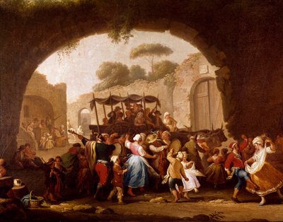 Scena taneczna i popularna impreza w Neapolu Szczegóły. Tancerze tarantelli (tarantella, tarantella). Obraz Pietro Fabris (aktywny w latach 1763-1776) XVIII-wieczny Neapol, Museo Nazionale di San Martino autorstwa Pietro Fabris