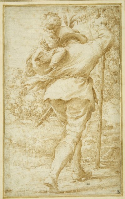 Św. Krzysztof przewożący Dzieciątko Jezus (pióro i brązowy tusz na białym papierze) autorstwa Pietro Faccini