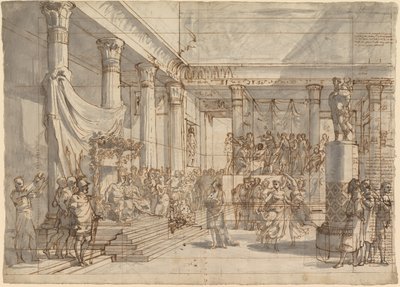 Timotheus grający na lirze przed Aleksandrem i Thaisem w Sali Pałacu w Persepolis autorstwa Pietro Fancelli