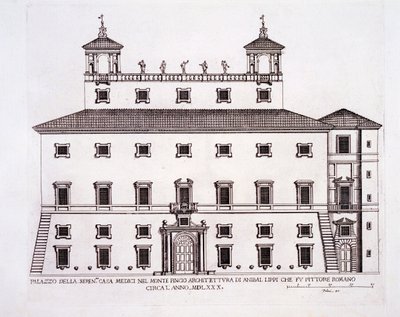 Palazzo Serenissima, Casa Medici, na wzgórzu Pincio, Rzym, z „Palazzi di Roma”, wydana ok. 1655-70 autorstwa Pietro Ferrerio