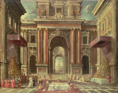 Wspaniała uczta na dziedzińcu barokowego pałacu (olej na płótnie) autorstwa Pietro Francesco Garoli