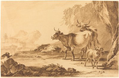 Krajobraz z bydłem, kozą i odpoczywającym pasterzem autorstwa Pietro Giacomo Palmieri