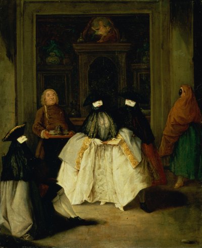 Zamaskowane postacie w weneckiej kawiarni autorstwa Pietro Longhi