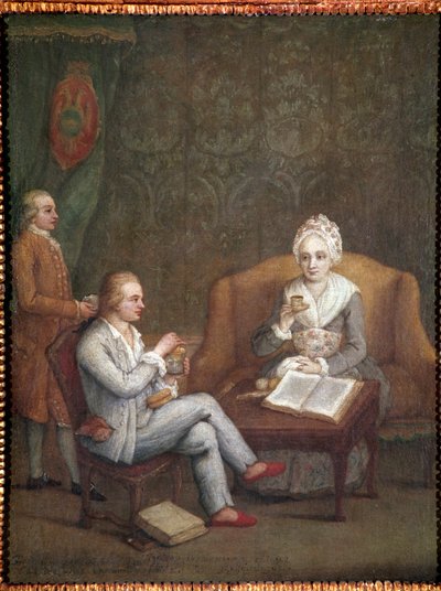 Portret Adriany Giustinian z synem Gerolamo Ascanio biorących gorącą czekoladę (Adriana Giustinian Barbarigo i jej syn Gerolamo Ascanio biorący filiżankę czekolady) Obraz Pietro Longhi (1702-1785) ok. 1779 r. Dim 58x45 cm Wenecja, Ca 