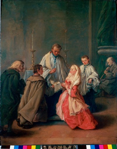 Sakramenty: „” Ceremonia ślubna ”” Obraz Pietro Longhi (Pietro Falca) (1702-1785) ok. 1755 r. Niedz 62x50 cm Wenecja, Galeria Obrazów Querini-Stampalia autorstwa Pietro Longhi