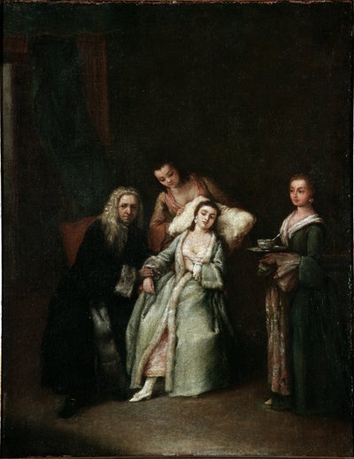 Chora kobieta Wizyta lekarza mierzącego puls chorym Obraz Pietro Longhi (1702-1785) 1741 Dim 52x41 cm Wenecja, Ca Rezzonico, n 134 autorstwa Pietro Longhi