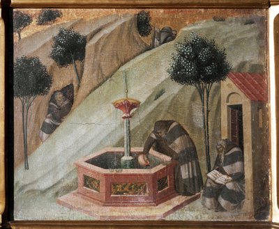 Fragment ołtarza Karmel: pustelnik z fontanną Eliasza - Fresco autorstwa Pietro Lorenzetti