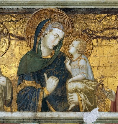 Dziewica z Dzieciątkiem między Franciszkiem z Asyżu a Janem Ewangelistą. Szczegół. 1315-1319 autorstwa Pietro Lorenzetti