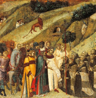 Pierwsi karmelici pustelnicy wiosną Eliasza, fragment predelli ołtarza dla Carmine, Pietro Lorenzetti (ok. 1280-1348), tempera i złoto na desce autorstwa Pietro Lorenzetti