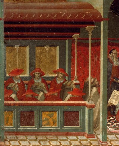 Honoriusz III zatwierdzający regułę karmelitów, detal z predelli z ołtarza dla Carmine autorstwa Pietro Lorenzettiego (ok. 1280-1348), tempera i złoto na desce autorstwa Pietro Lorenzetti