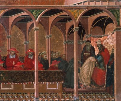 Honoriusz III zatwierdzający regułę karmelitów, detal z predelli z ołtarza dla Carmine autorstwa Pietro Lorenzettiego (ok. 1280-1348), tempera i złoto na desce autorstwa Pietro Lorenzetti