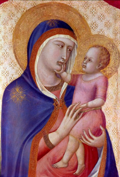 Madonna w chwale Szczegół Dziewicy ma w majestacie Dzieciątko pomiędzy aniołami. Detrempe na drewnie autorstwa Pietro Lorenzetti (1280-1348) 1340 Wym. 1,45x1,22 m Florencja, galeria Uffizi autorstwa Pietro Lorenzetti