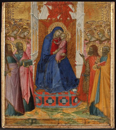 Maria auf dem Thron mit dem Kind, anbetende Engel und Heilige Paulus, Johannes der Evangelist, Johannes der Täufer und Petrus autorstwa Pietro Lorenzetti