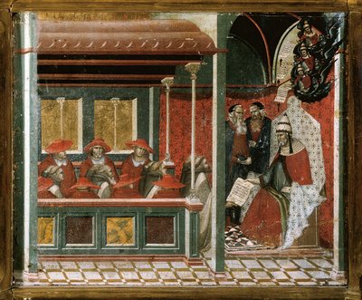 Papież Honoriusz III zatwierdzający regułę karmelitańską, detal (tempera i złoto na drewnie) autorstwa Pietro Lorenzetti