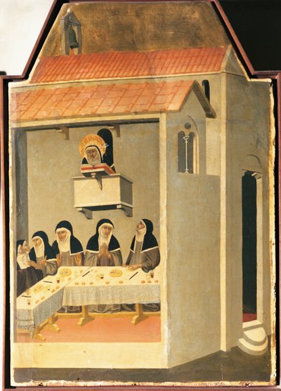 Błogosławionej Pokorze cudem udaje się odczytać w refektarzu Santa Perpetua, kafelek z ołtarza Błogosławionej Pokory autorstwa Pietro Lorenzettiego (ok. 1280-1348), tempera i złoto na drewnie autorstwa Pietro Lorenzetti
