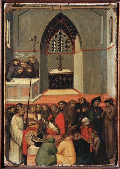 Ekshumowane ciało św. Pokory nienaruszone (Poliptyk z życia św. Pokory) - Detrempe na drewnie XIV wiek autorstwa Pietro Lorenzetti