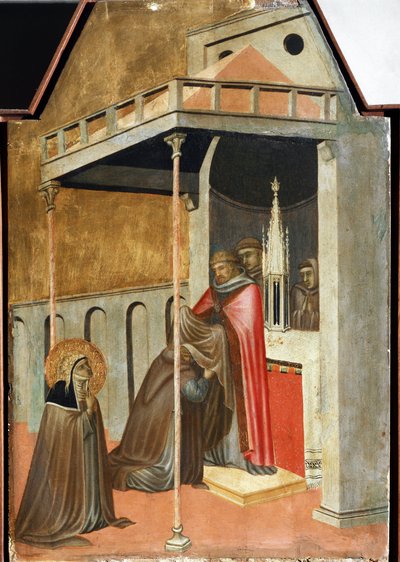 Ugolotti przywdziewa habit monastyczny (szczegół życia poliptykowego św. Pokory) - Detrempe na drewnie autorstwa Pietro Lorenzetti