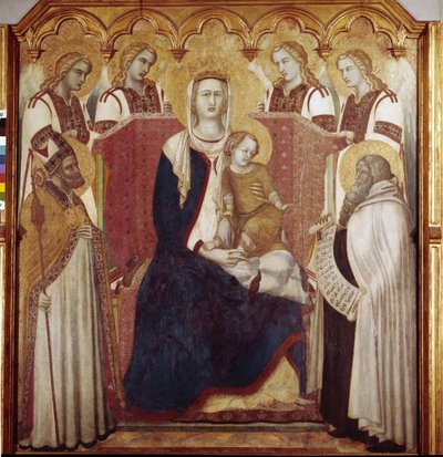 Dziewica z Dzieciątkiem między św. Mikołajem a św. Eliaszem. Centralny panel, Ołtarz Karmelu (Tempera na drewnie) autorstwa Pietro Lorenzetti