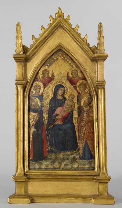 Dziewica z Dzieciątkiem ze świętymi Augustynem, Mikołajem, Katarzyną, Łucją i Aniołami, ok. 1340-45 (tempera i złoty płatek na desce) autorstwa Pietro Lorenzetti