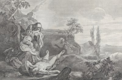Adam i Ewa po lewej, jako starsza para, opłakuje zwłoki Abla, który leży w l..., 1743-63. autorstwa Pietro Monaco