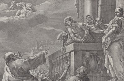 Chrystus na balkonie otoczony przez strażników, po prawej stoi Piłat gestem towa..., ok. godz. 1730-39. autorstwa Pietro Monaco