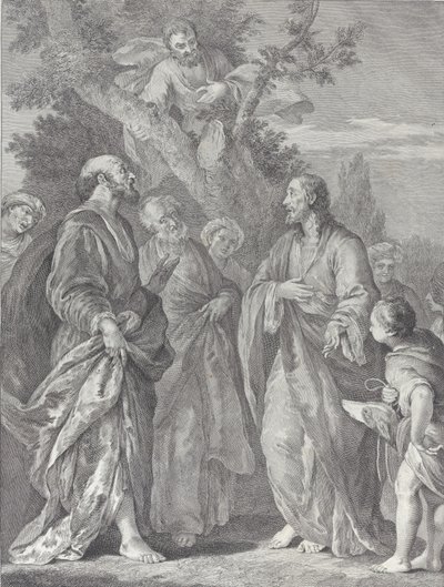 Nawrócenie Zacheusza, z Chrystusem po prawej zwracając się do poborcy podatkowego, którego siedziba..., 1730-39. autorstwa Pietro Monaco